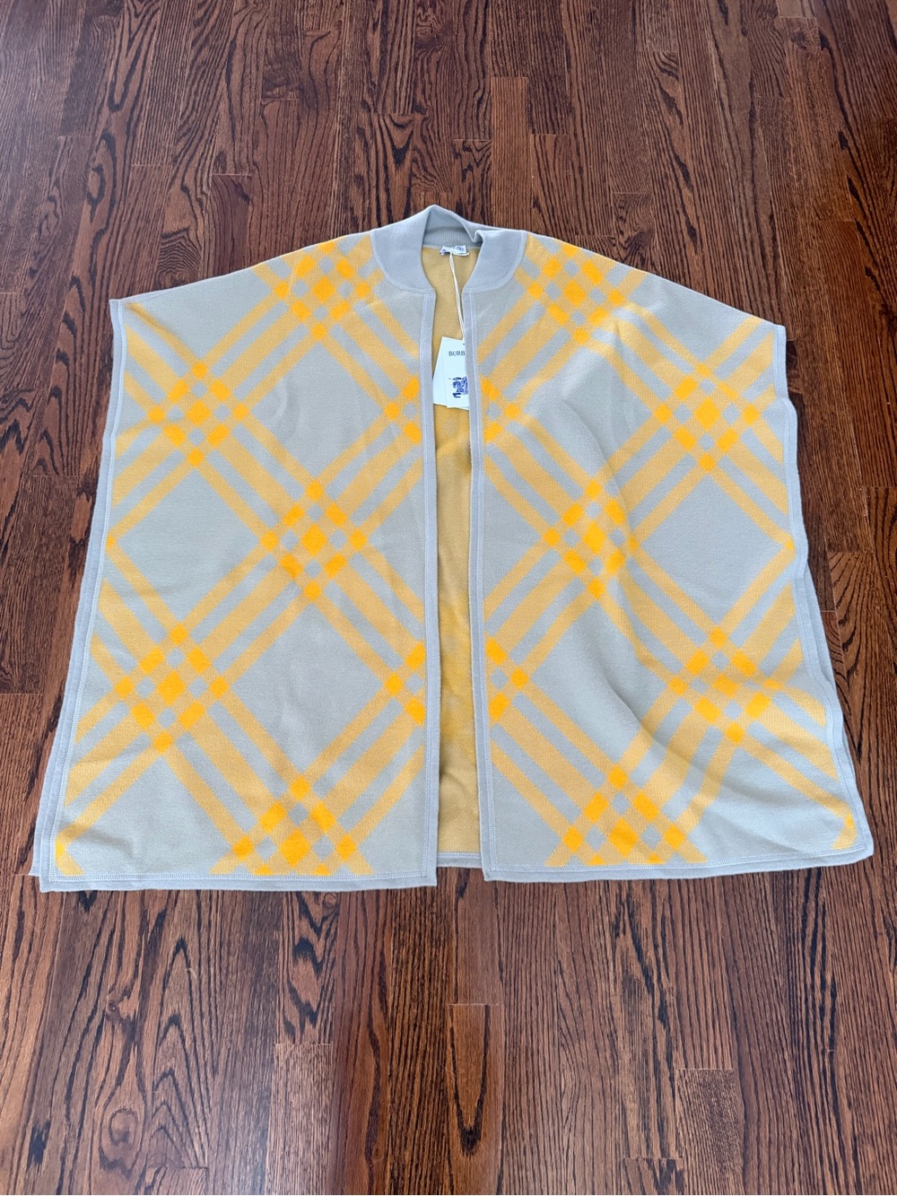 Burberry 3 Bar Check Carly Cape Grey and Yellow Plaid Knit Sweater Cape
